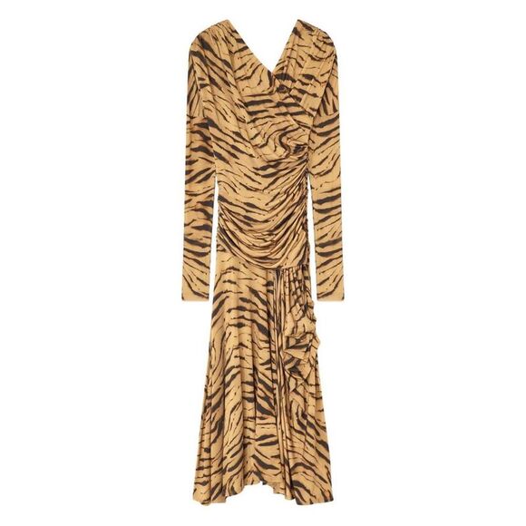 GANNI Tiger Print Ruched Midi Dress Women BROWN Dresses